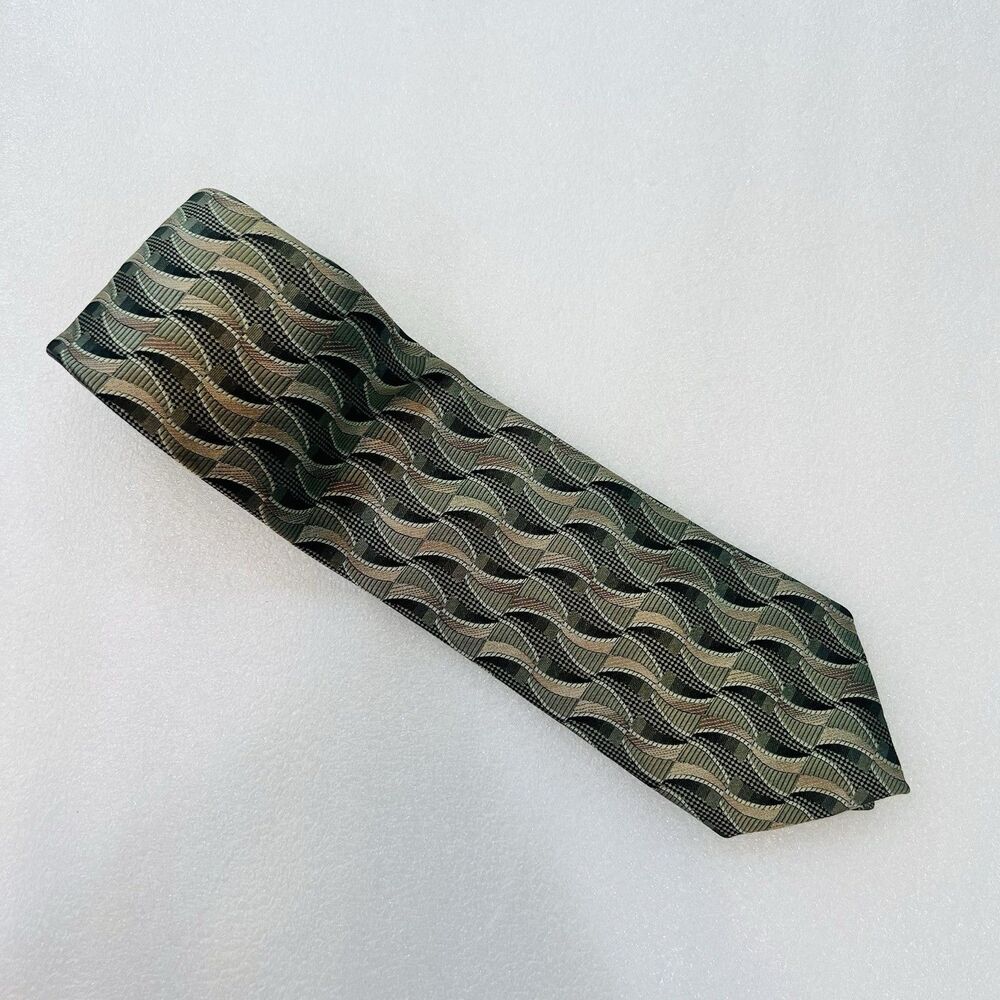 Enro Platinum Men's Silk Tie Olive Green Tan Wavy Geometric Abstract Necktie